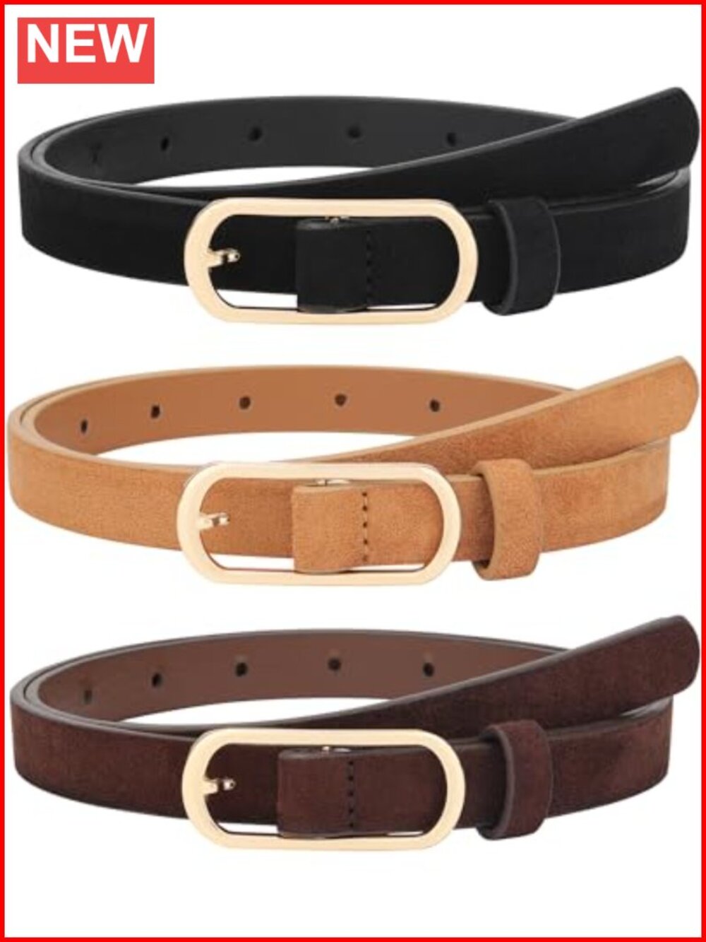 3-Pack Skinny Faux Suede Belts with Gold-Tone Oval Buckle
